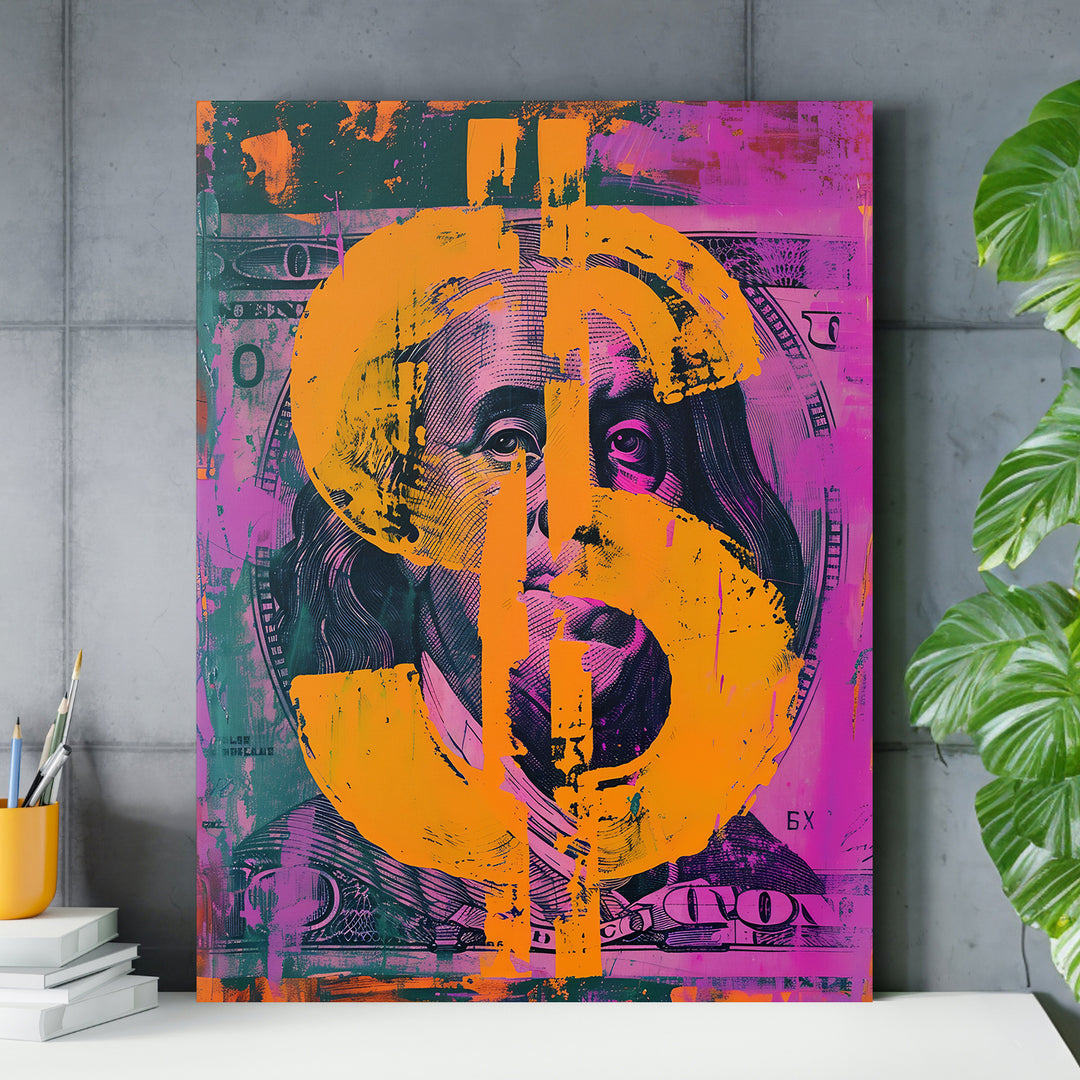 Pop art obraz Franklin - Oranžový dolar nad pracovním stolem.