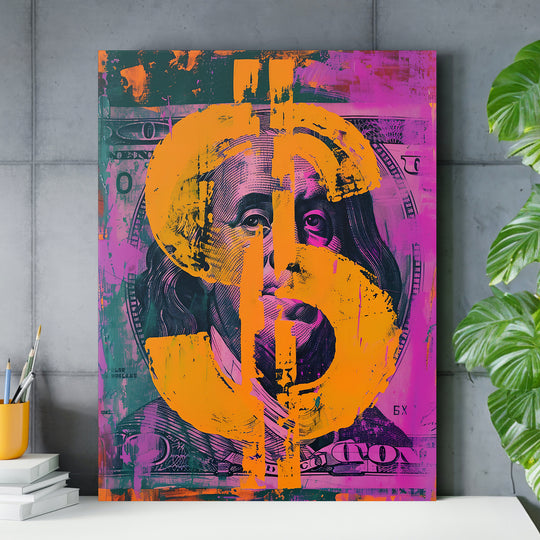Pop art obraz Franklin - Oranžový dolar nad pracovním stolem.