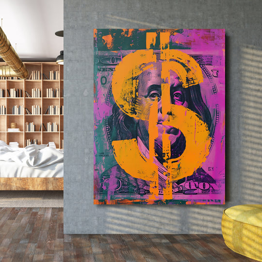 Pop art obraz Franklin - Oranžový dolar na velké stěně.