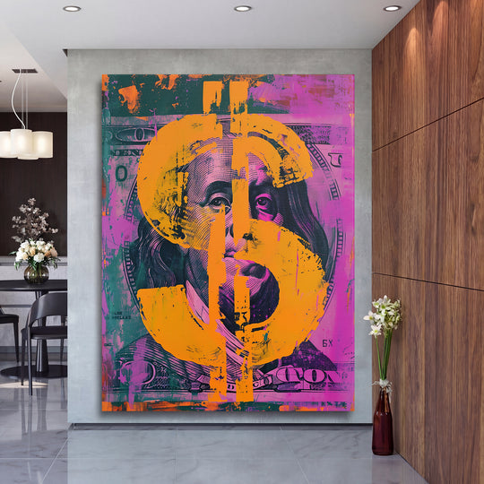 Pop art obraz Franklin - Oranžový dolar na velké stěně, druhý pohled.