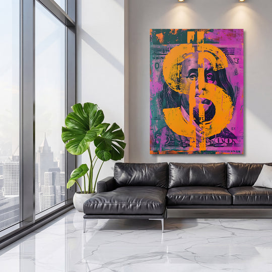 Pop art obraz Franklin - Oranžový dolar na velké stěně, třetí pohled.
