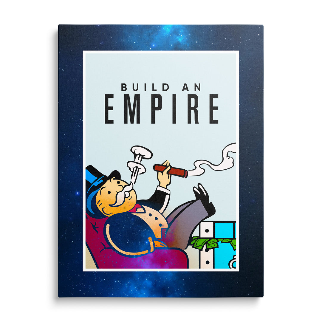 Maskot Monopoly v modrém fraku a slaměném klobouku s doutníkem mezi bankovkami a mincemi pod nápisem Build an Empire.