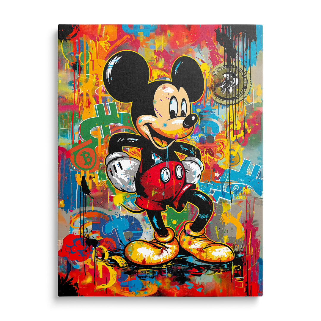 Mickey Mouse s bílými rukavicemi, červenými šortkami a žlutými botami na pestrém graffiti pozadí s dolarovým znakem a bitcoinovými motivy.