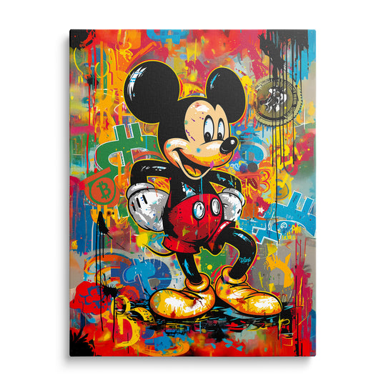 Mickey Mouse s bílými rukavicemi, červenými šortkami a žlutými botami na pestrém graffiti pozadí s dolarovým znakem a bitcoinovými motivy.