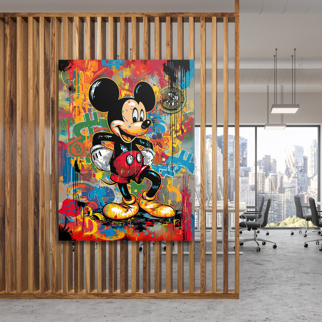 Obraz Mickey Mouse - Bitcoin graffiti na dřevěné stěně.