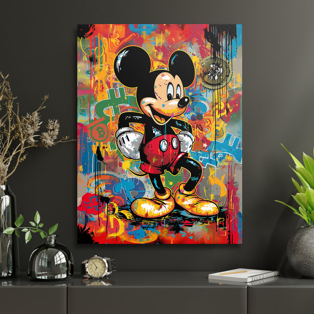 Obraz Mickey Mouse - Bitcoin graffiti v interiéru s hodinami.