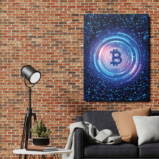 Obraz Bitcoin - Digitální kruhy na cihlové zdi.