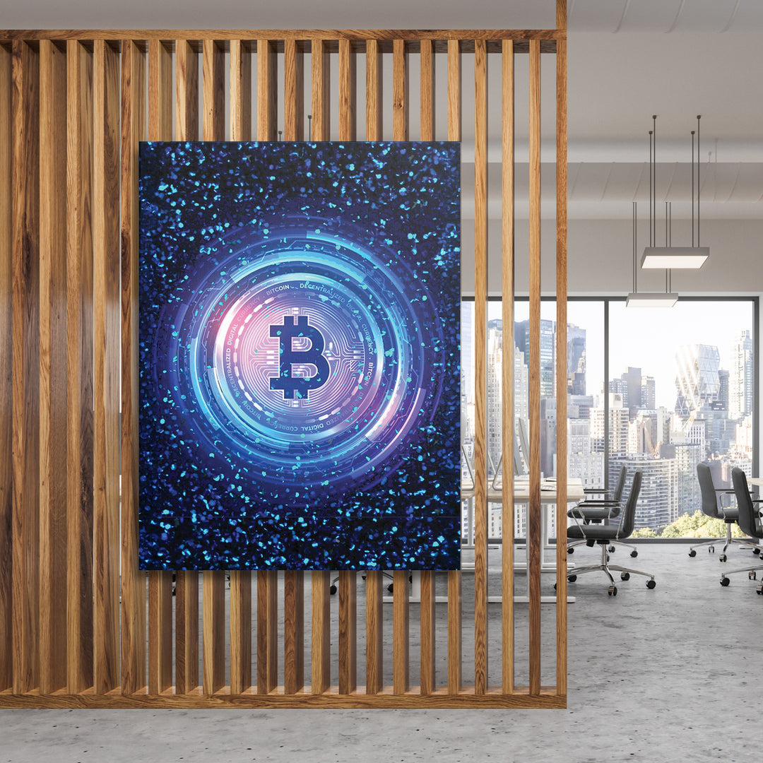 Obraz Bitcoin - Digitální kruhy na dřevěné stěně.