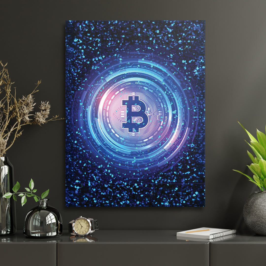 Obraz Bitcoin - Digitální kruhy v interiéru s hodinami.