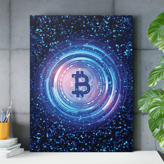 Obraz Bitcoin - Digitální kruhy nad pracovním stolem.
