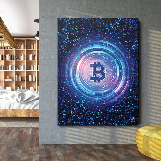 Obraz Bitcoin - Digitální kruhy na velké stěně.