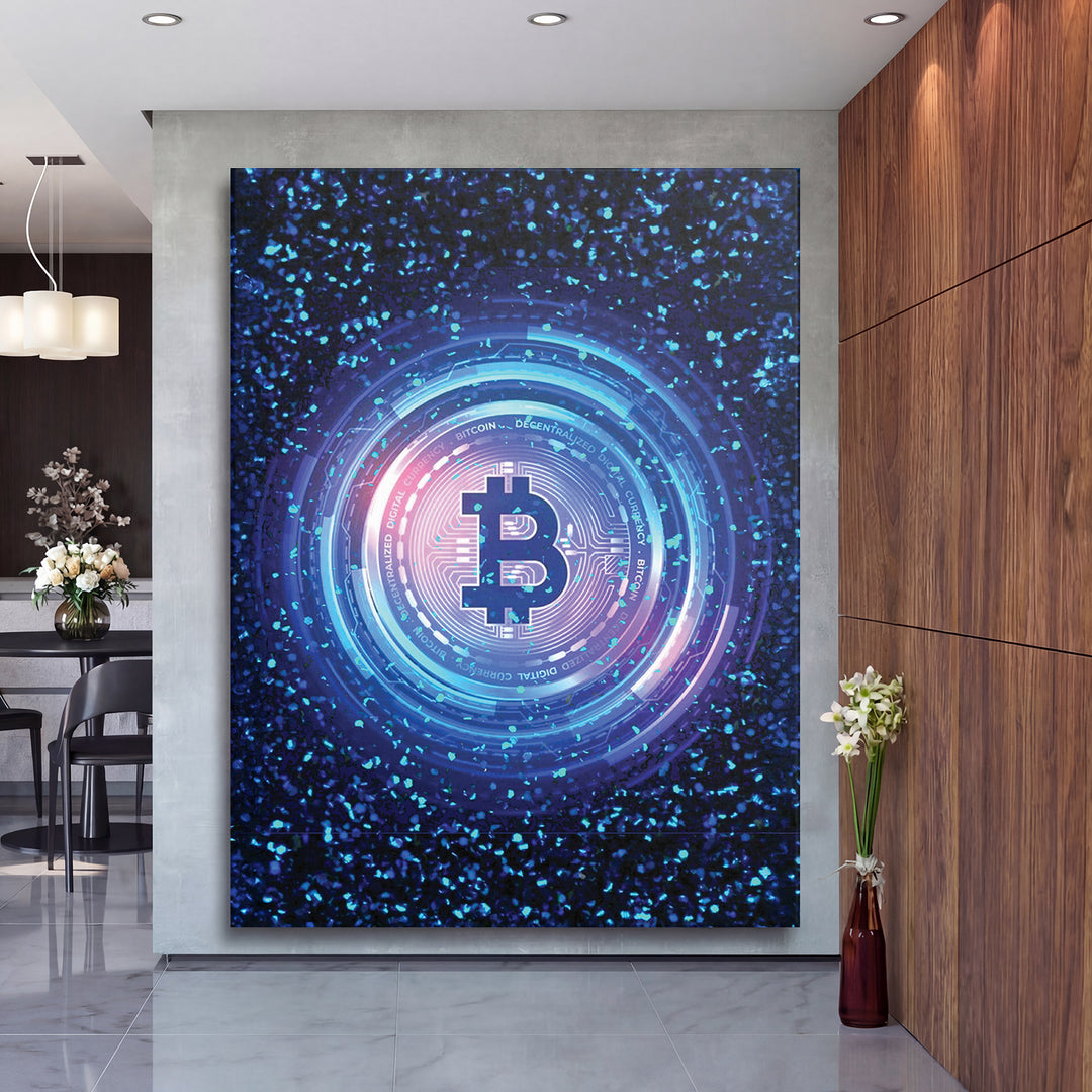 Obraz Bitcoin - Digitální kruhy na velké stěně, druhý pohled.