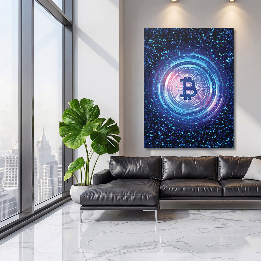 Obraz Bitcoin - Digitální kruhy na velké stěně, třetí pohled.