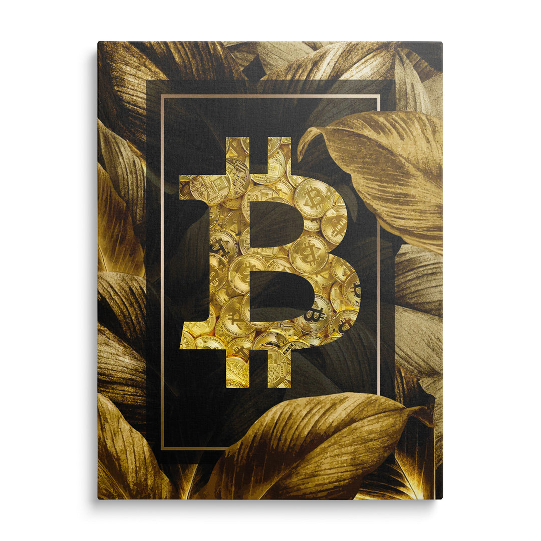 Symbol bitcoinu z mnoha zlatých mincí v tenkém zlatém rámu, zlatočerné tropické listy kolem na tmavém pozadí.