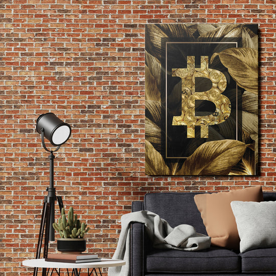 Obraz Bitcoin - Zlaté tropy na cihlové zdi.