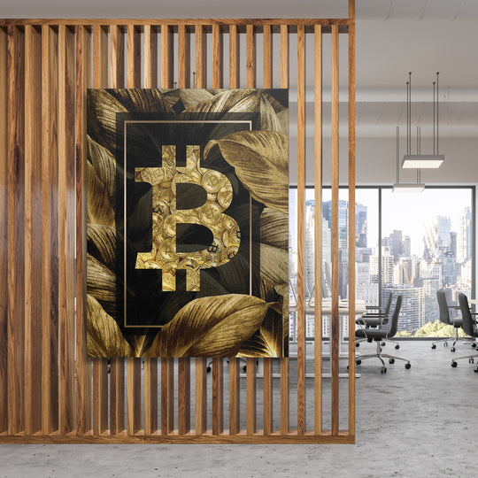 Obraz Bitcoin - Zlaté tropy na dřevěné stěně.