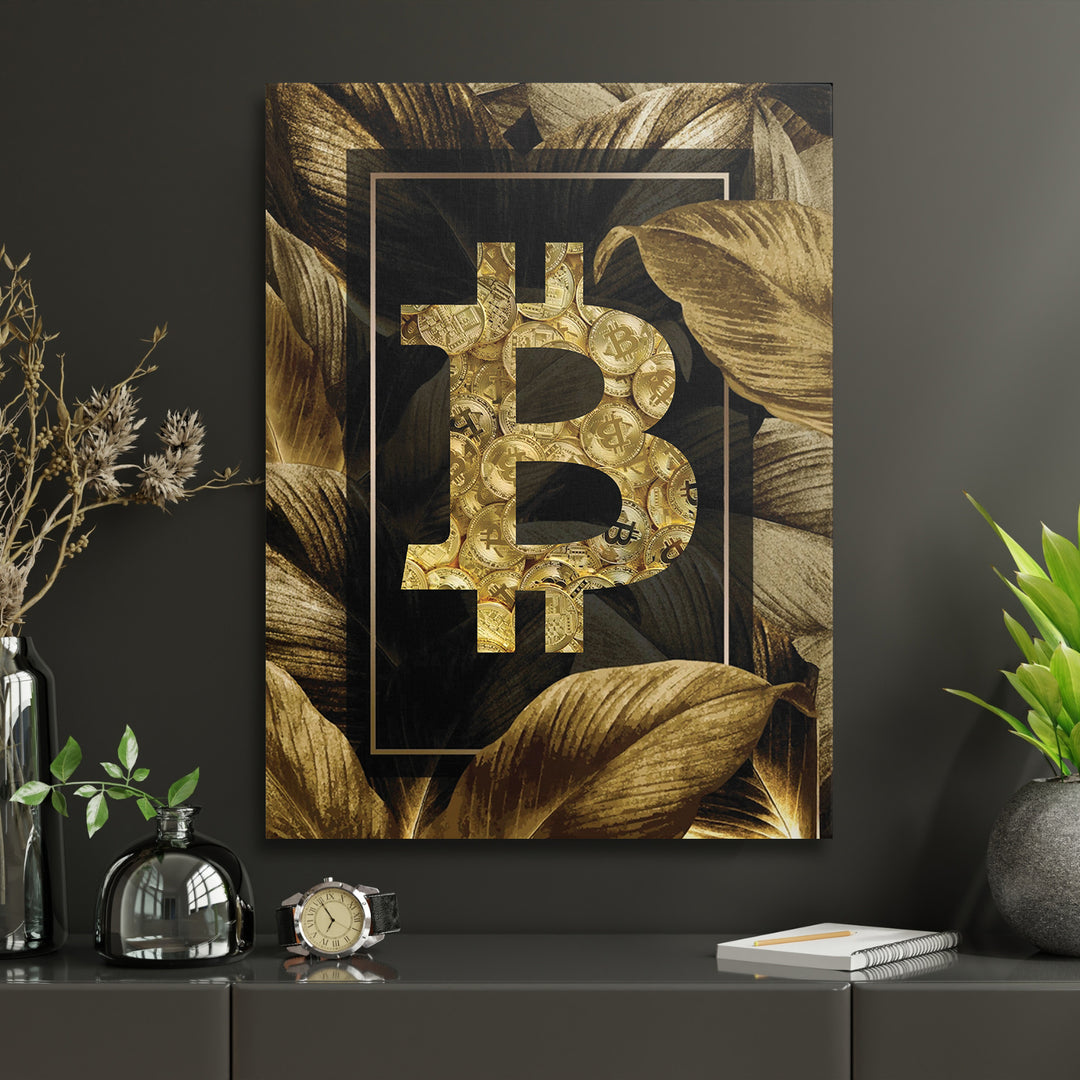 Obraz Bitcoin - Zlaté tropy v interiéru s hodinami.