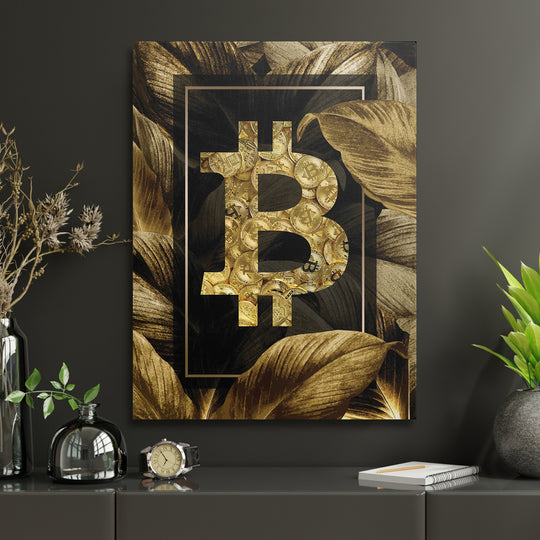 Obraz Bitcoin - Zlaté tropy v interiéru s hodinami.