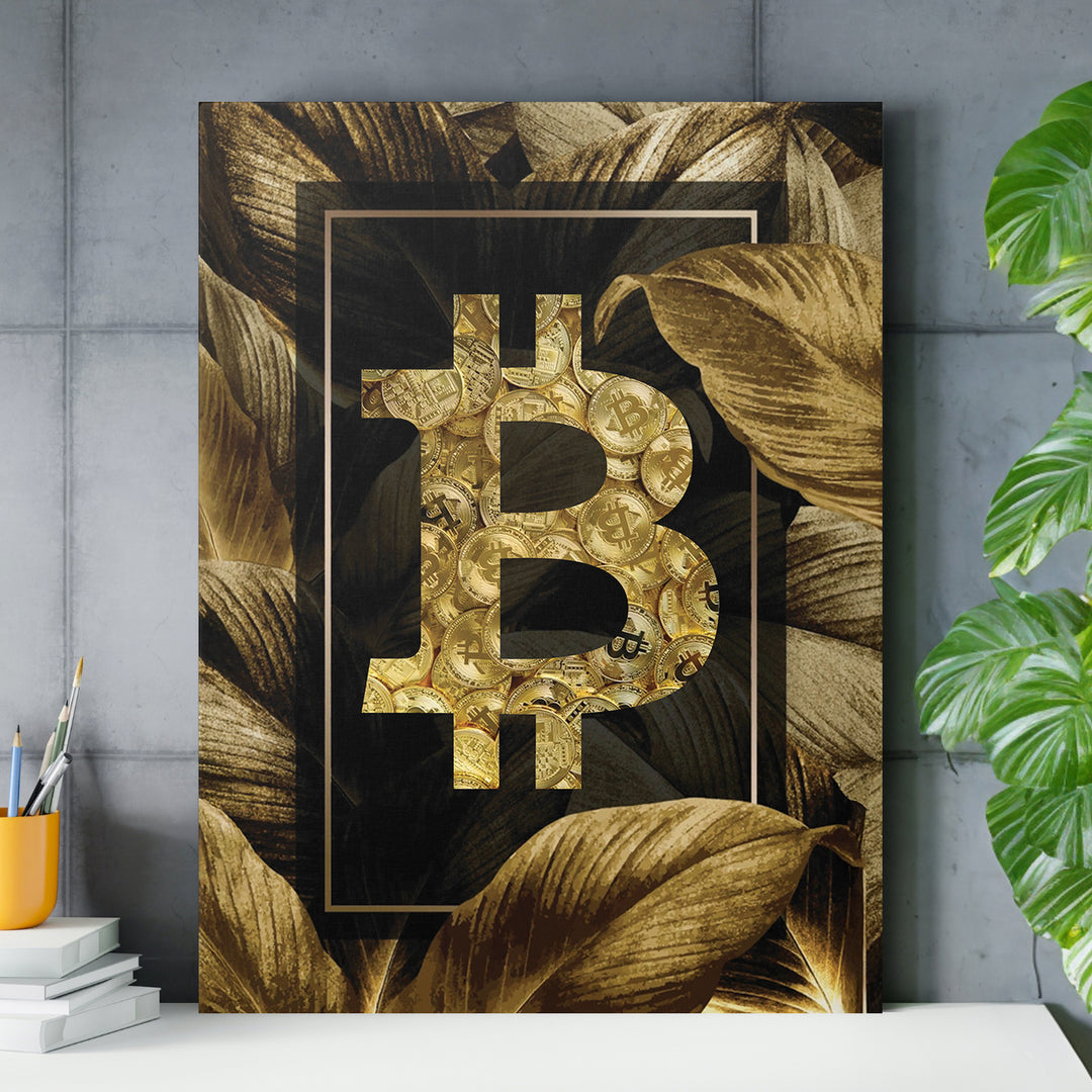 Obraz Bitcoin - Zlaté tropy nad pracovním stolem.