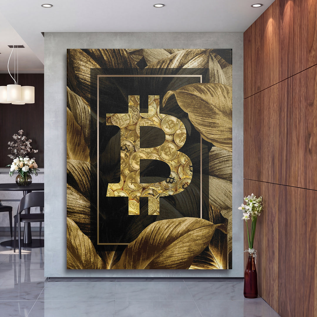 Obraz Bitcoin - Zlaté tropy na velké stěně, druhý pohled.