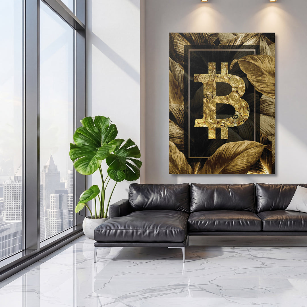 Obraz Bitcoin - Zlaté tropy na velké stěně, třetí pohled.