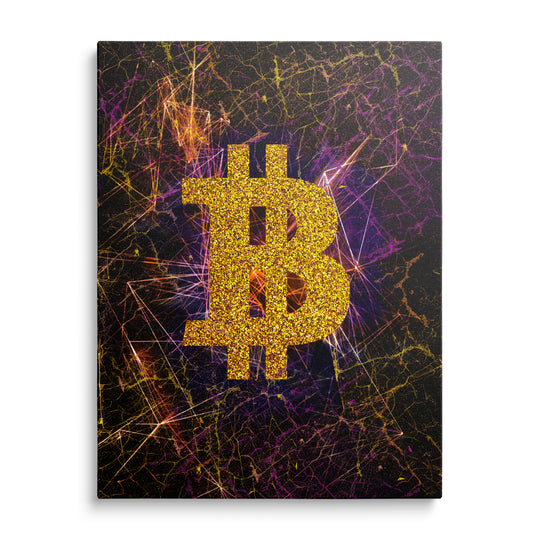Velký zlatý třpytivý symbol bitcoinu na černém podkladu s purpurovými a oranžovými světelnými vlákny.