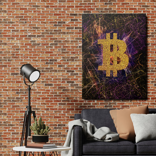 Obraz Bitcoin - Světelné dráhy na cihlové zdi.