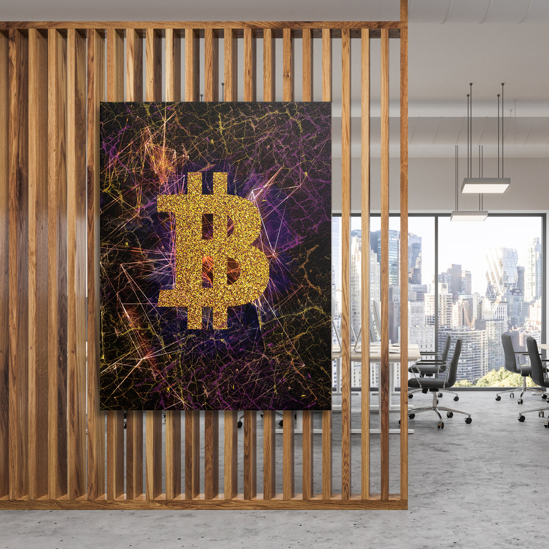 Obraz Bitcoin - Světelné dráhy na dřevěné stěně.