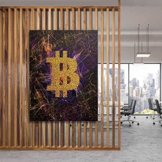 Obraz Bitcoin - Světelné dráhy na dřevěné stěně.
