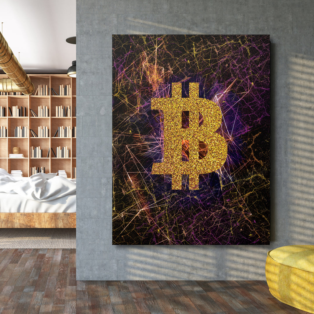 Obraz Bitcoin - Světelné dráhy na velké stěně.
