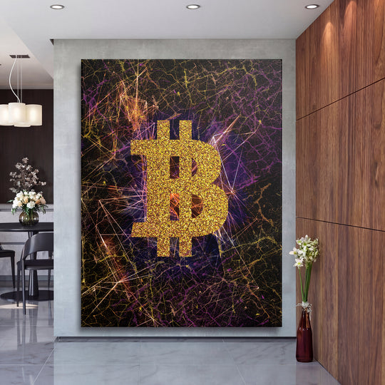 Obraz Bitcoin - Světelné dráhy na velké stěně, druhý pohled.
