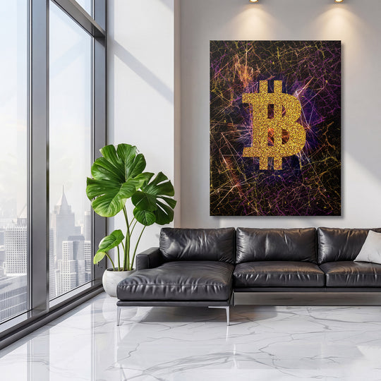 Obraz Bitcoin - Světelné dráhy na velké stěně, třetí pohled.