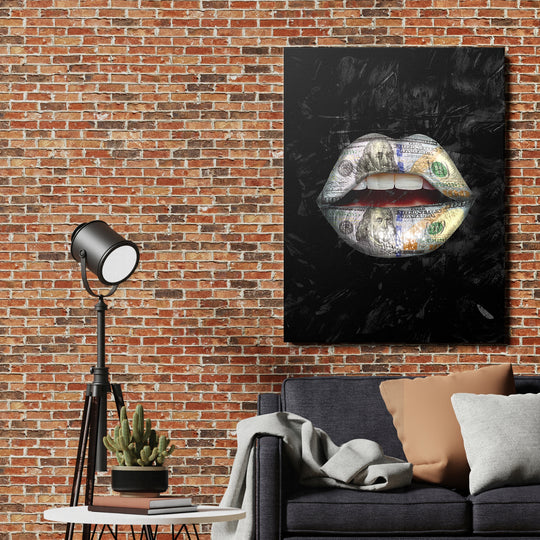 Pop art obraz - Dolarové rty na cihlové zdi.