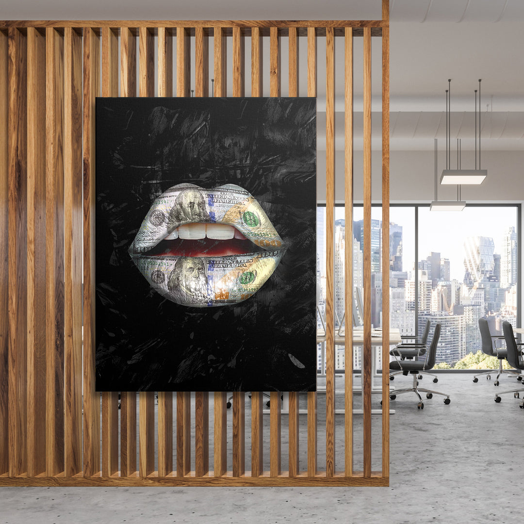 Pop art obraz - Dolarové rty na dřevěné stěně.