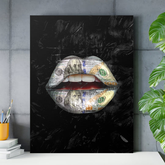 Pop art obraz - Dolarové rty nad pracovním stolem.