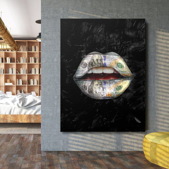 Pop art obraz - Dolarové rty na velké stěně.