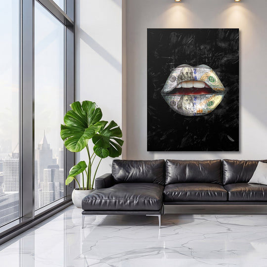 Pop art obraz - Dolarové rty na velké stěně, třetí pohled.