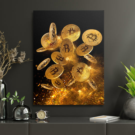 Obraz Bitcoin - Zlatá exploze v interiéru s hodinami.