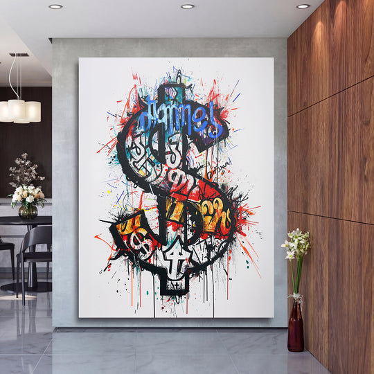 Pop art obraz Dolar - Barevné graffiti na velké stěně, druhý pohled.