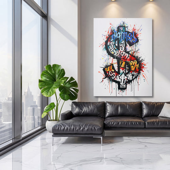 Pop art obraz Dolar - Barevné graffiti na velké stěně, třetí pohled.