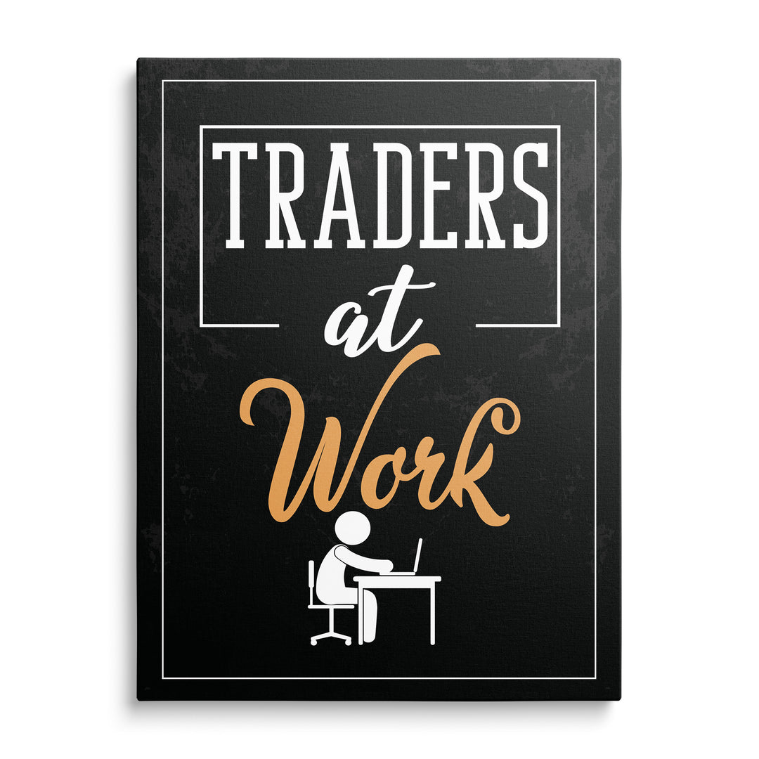 Bílý nápis Traders a zlaté ruční písmo Work nad malou ikonou postavy u notebooku na černém podkladu s bílým rámem.