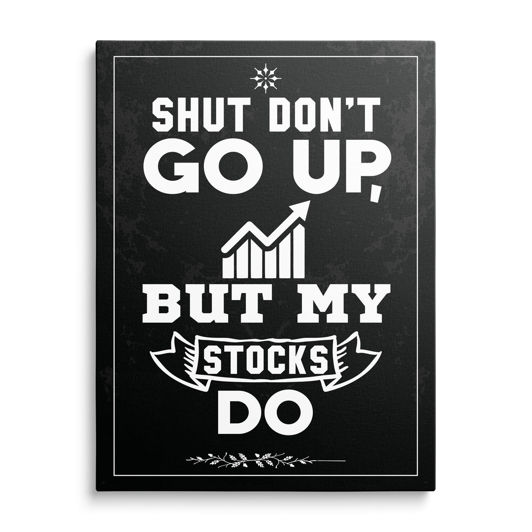 Bílá růstová šipka a velká typografie se slovy My Stocks na černém texturovaném pozadí s bílým rámem a vavřínovým ornamentem.