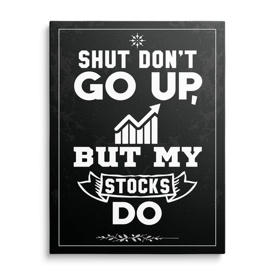 Bílá růstová šipka a velká typografie se slovy My Stocks na černém texturovaném pozadí s bílým rámem a vavřínovým ornamentem.