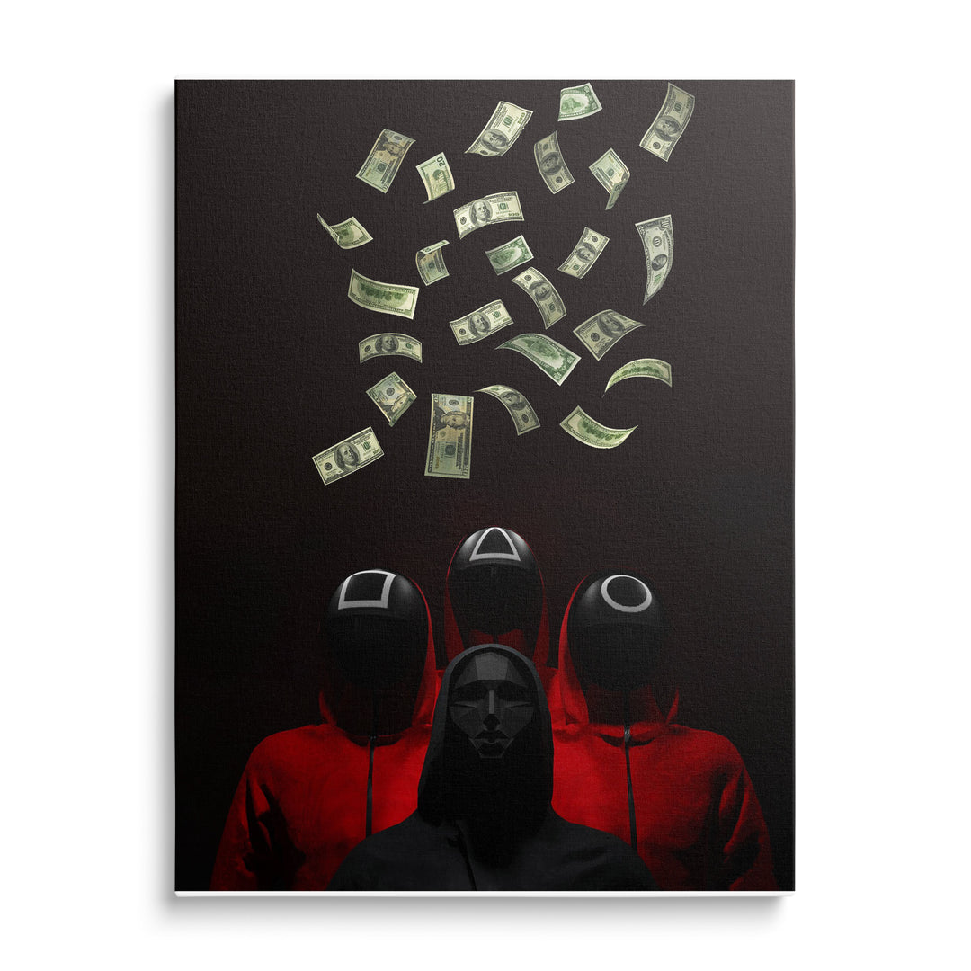 Tři postavy v červených kapucích s maskami kruhu, trojúhelníku a čtverce, tmavá postava vpředu a padající zelené bankovky.