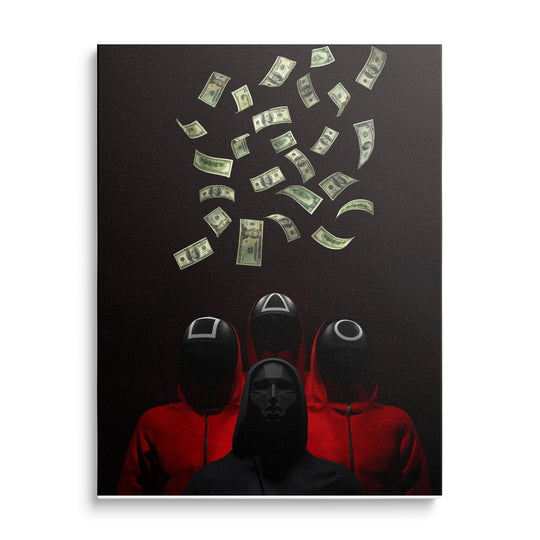 Tři postavy v červených kapucích s maskami kruhu, trojúhelníku a čtverce, tmavá postava vpředu a padající zelené bankovky.
