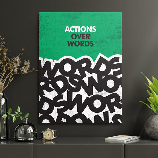 Motivační obraz - Actions Over Words v interiéru s hodinami.