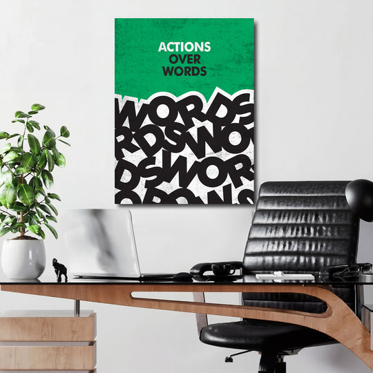 Motivační obraz - Actions Over Words v kanceláři.