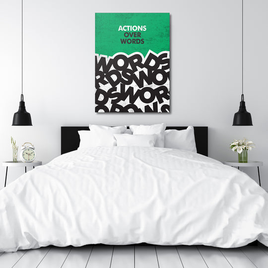 Motivační obraz - Actions Over Words nad postelí.