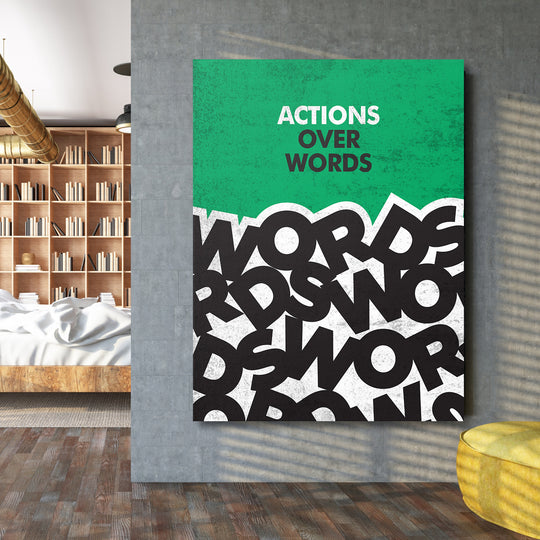 Motivační obraz - Actions Over Words na velké stěně.
