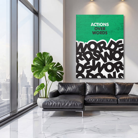 Motivační obraz - Actions Over Words na velké stěně, třetí pohled.